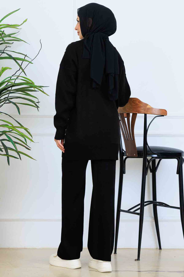 BNG Women Patterned Knitwear Set with Button Detail S1124 Black - Aliso Viejo