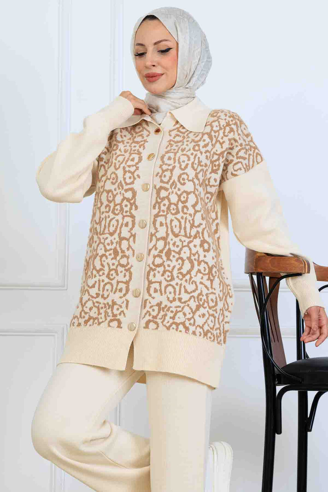 BNG Women Patterned Knitwear Set with Button Detail S1124 Stone Color - Myrhorod