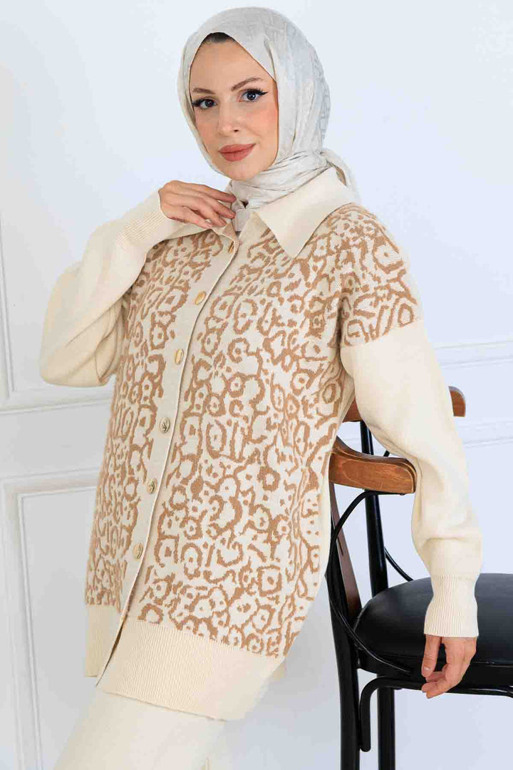 BNG Women Patterned Knitwear Set with Button Detail S1124 Stone Color - Myrhorod