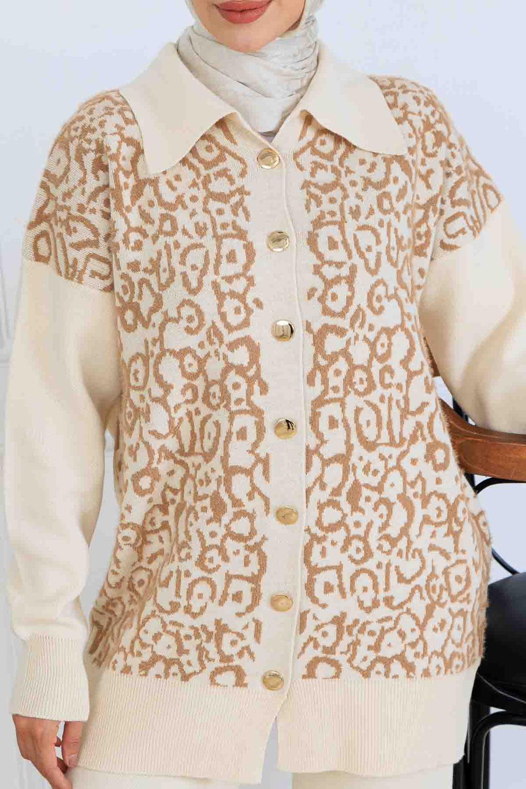 BNG Women Patterned Knitwear Set with Button Detail S1124 Stone Color - Myrhorod