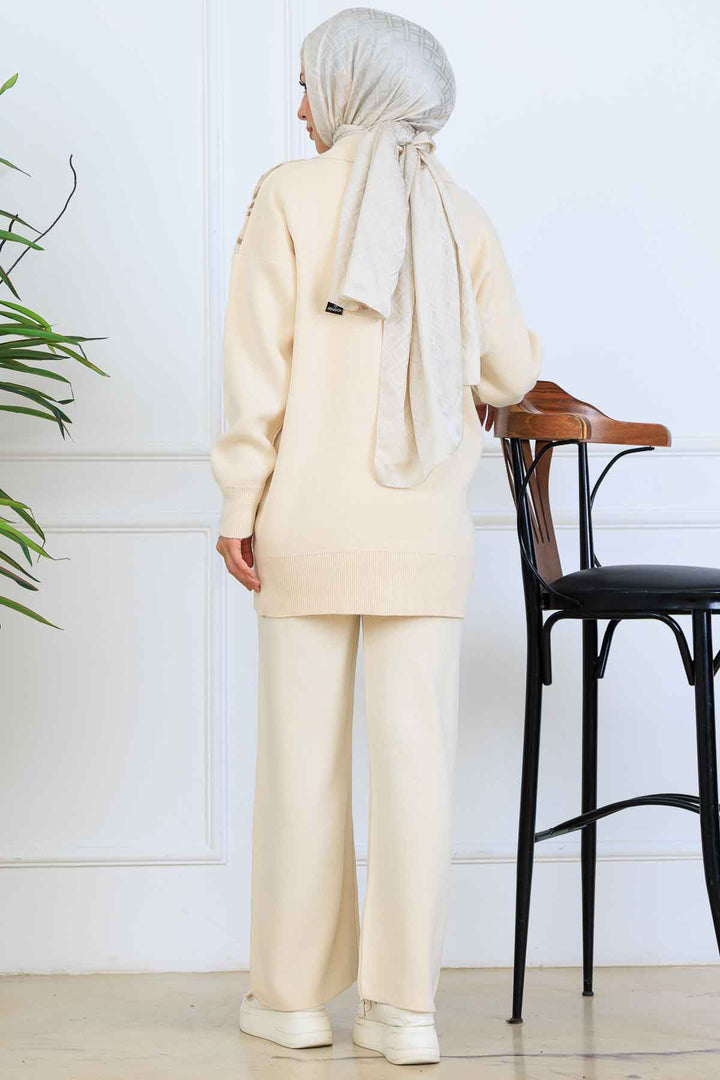 BNG Women Patterned Knitwear Set with Button Detail S1124 Stone Color - Myrhorod