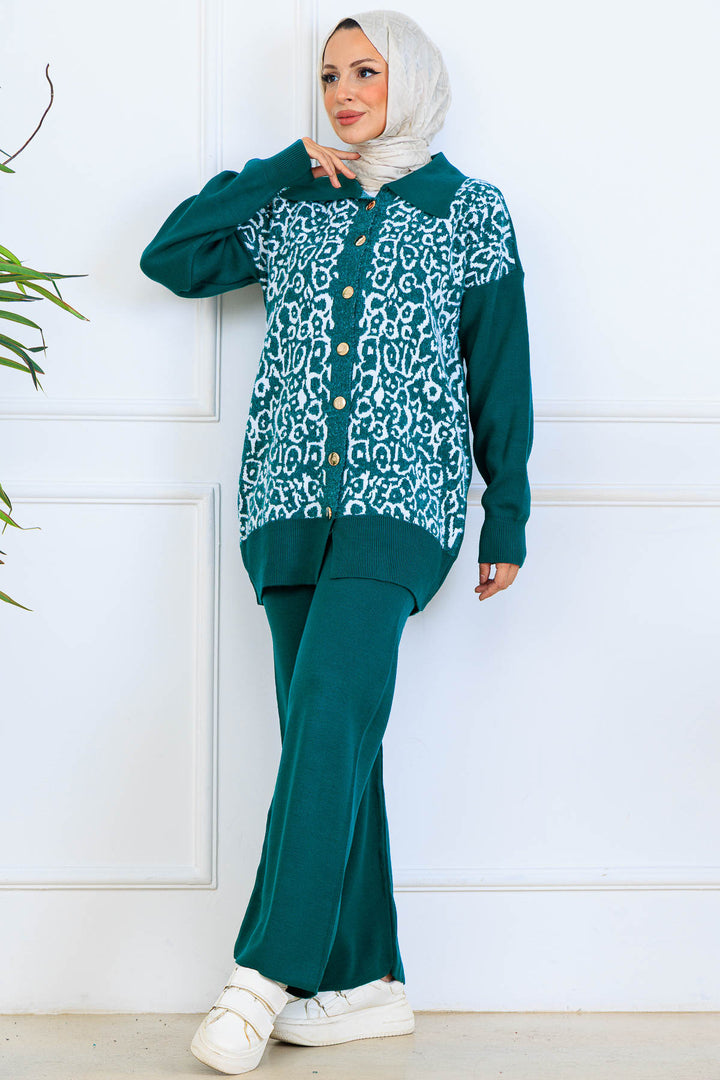 BNG Women Patterned Knitwear Set with Button Detail S1124 Emerald Green - Ciudad Melchor Múzquiz