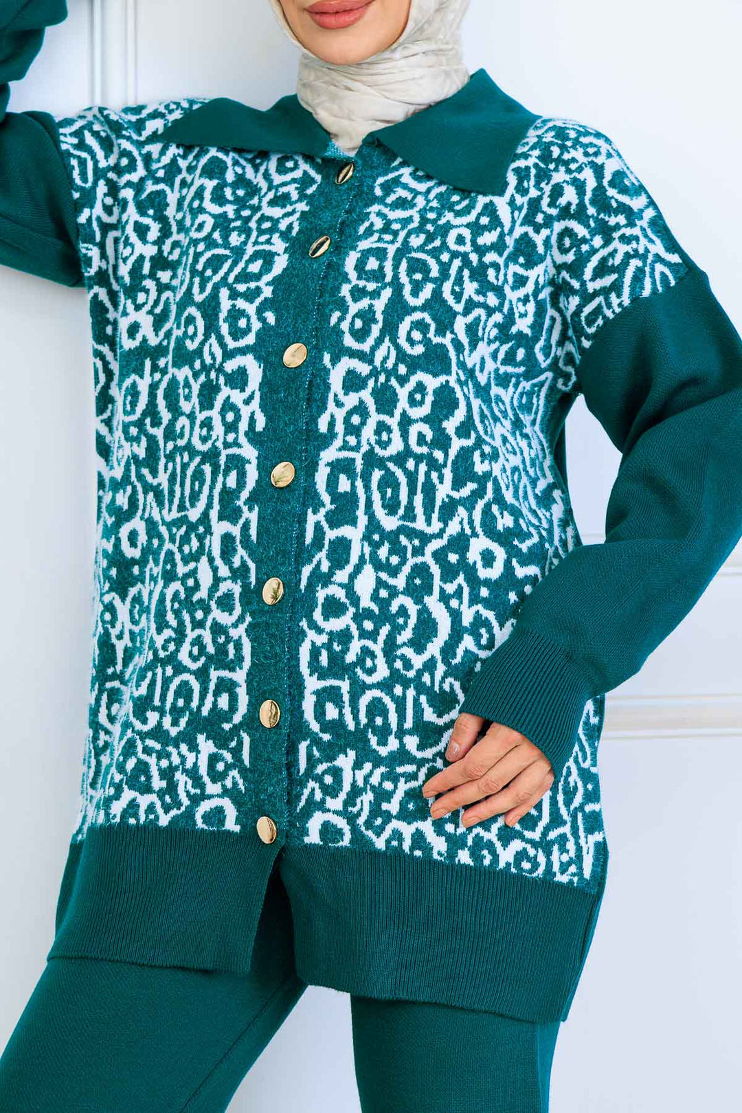 BNG Women Patterned Knitwear Set with Button Detail S1124 Emerald Green - Ciudad Melchor Múzquiz