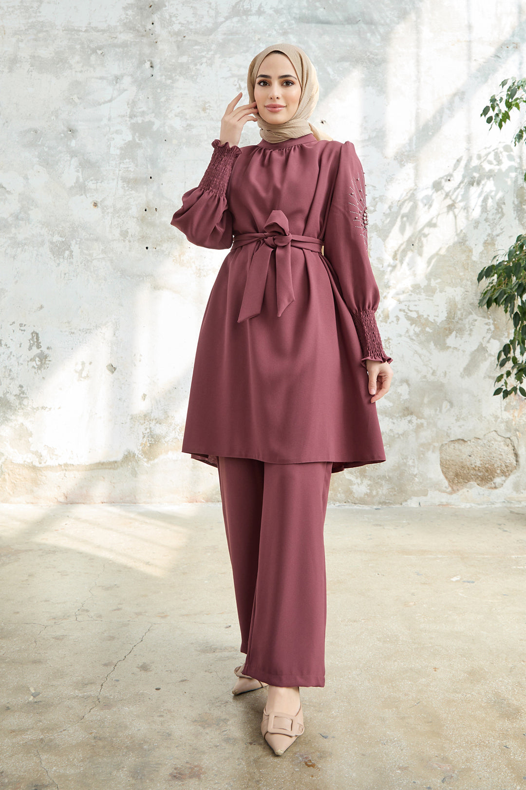 ZRF Women Stone-embroidered Set with Sleeves - Rose Pink - Rovenky