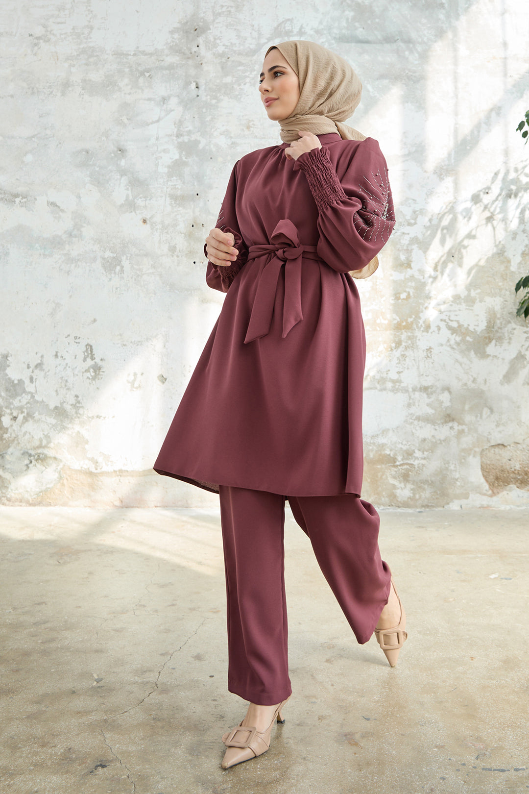 ZRF Women Stone-embroidered Set with Sleeves - Rose Pink - Rovenky