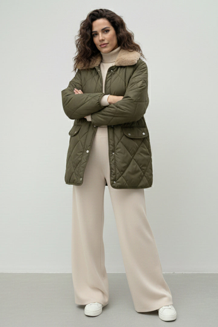 BNG Women Yakası Kürklü Kapitone Mont K9180 Haki - Kifisiá