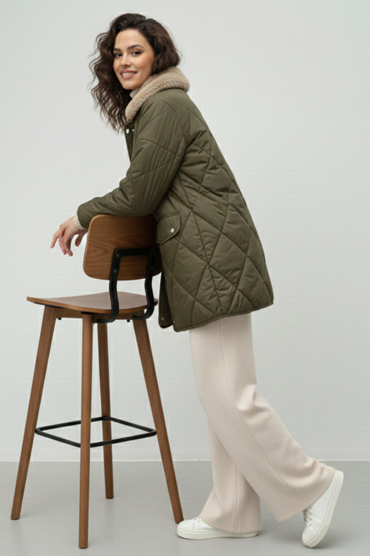 BNG Women Yakası Kürklü Kapitone Mont K9180 Haki - Kifisiá