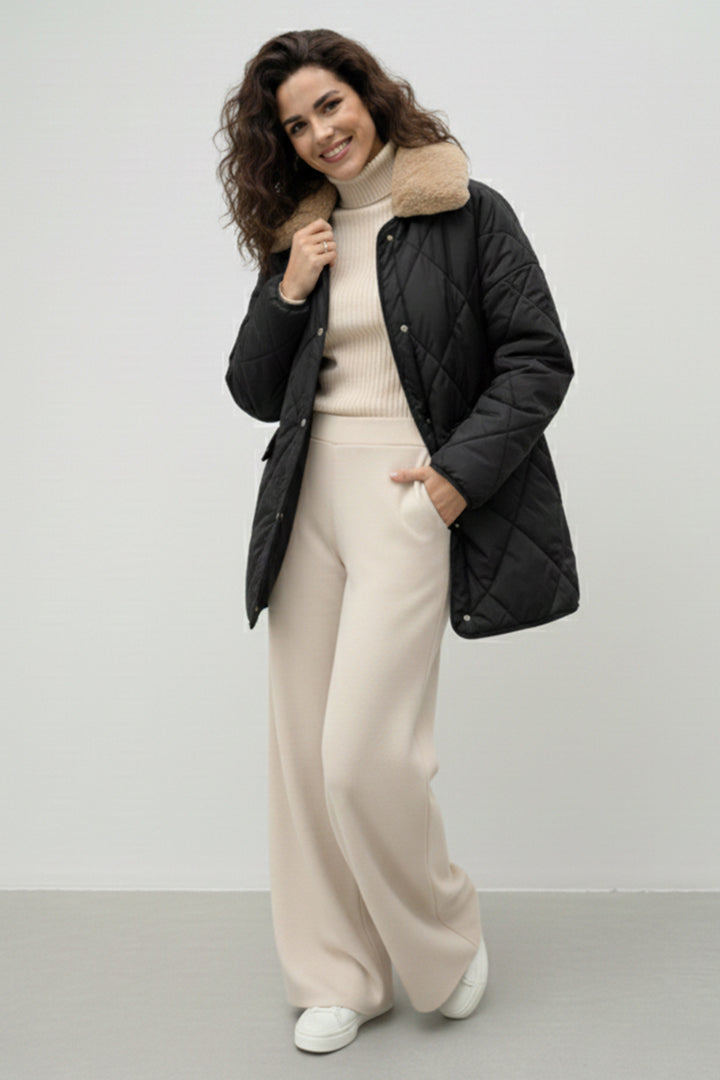 BNG Women Fur Collar Quilted Coat K9180 Black - Ágios Dimítrios