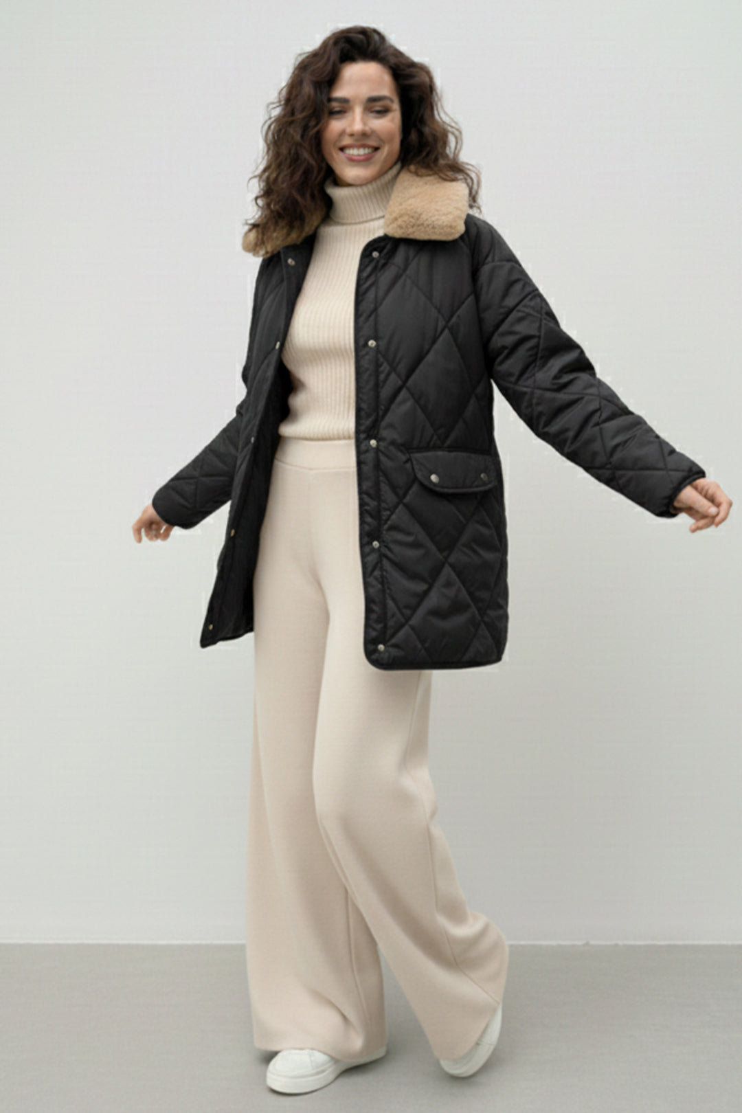 BNG Women Fur Collar Quilted Coat K9180 Black - Ágios Dimítrios