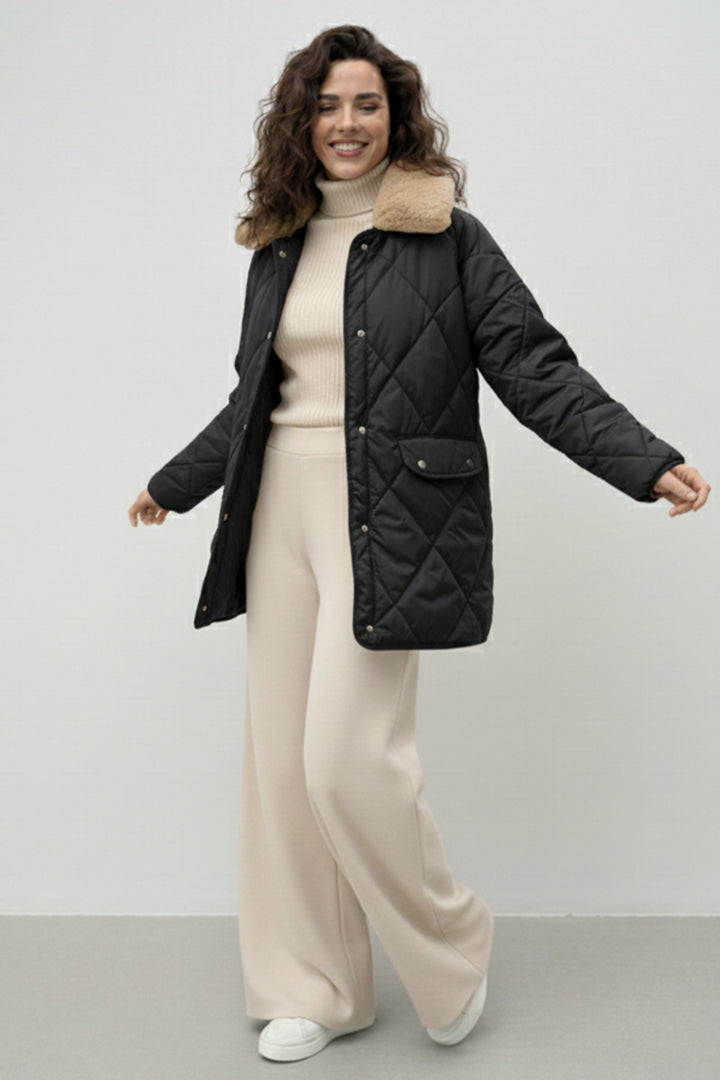 BNG Women Fur Collar Quilted Coat K9180 Black - Ágios Dimítrios
