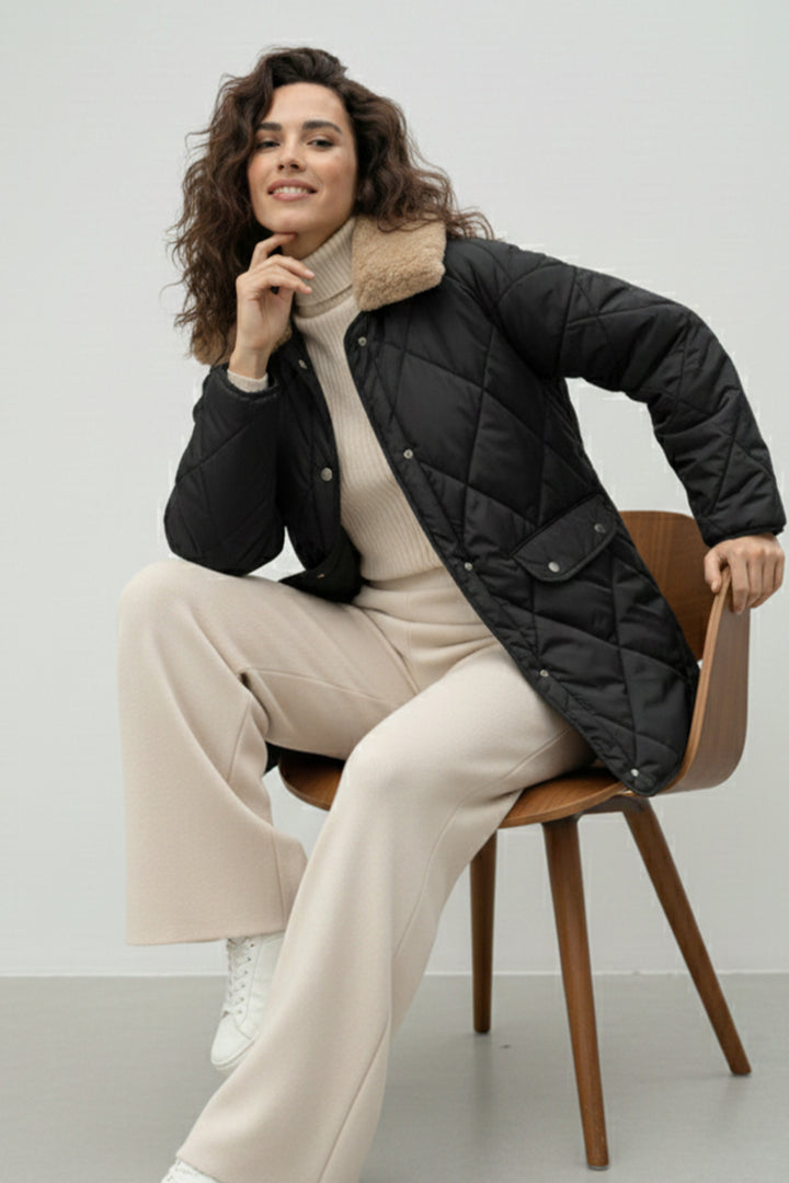 BNG Women Fur Collar Quilted Coat K9180 Black - Ágios Dimítrios