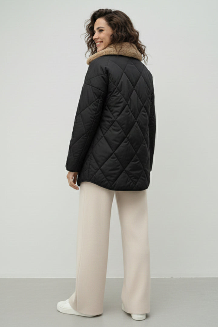 BNG Women Fur Collar Quilted Coat K9180 Black - Ágios Dimítrios