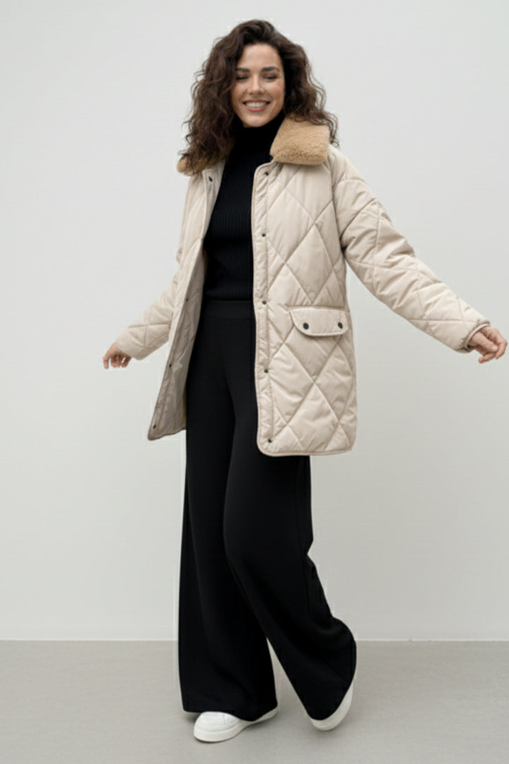 BNG Women Yakası Kürklü Kapitone Mont K9180 Taş Rengi - Merksem