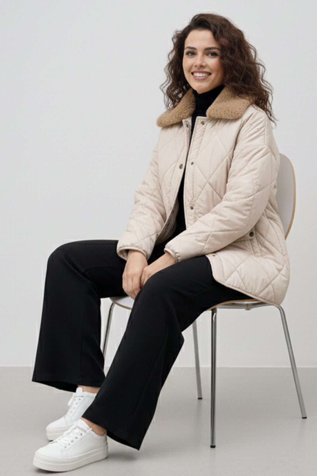 BNG Women Yakası Kürklü Kapitone Mont K9180 Taş Rengi - Merksem