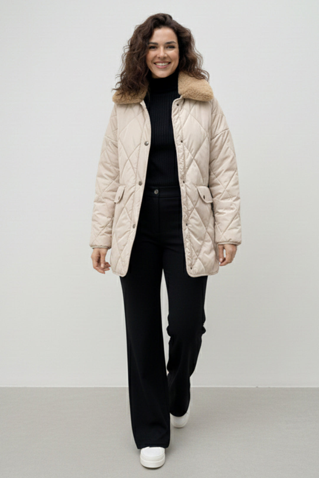 BNG Women Yakası Kürklü Kapitone Mont K9180 Taş Rengi - Merksem