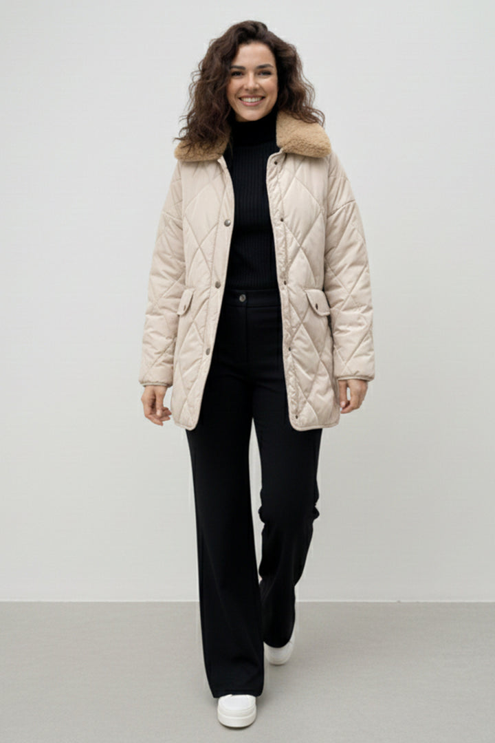 BNG Women Yakası Kürklü Kapitone Mont K9180 Taş Rengi - Merksem