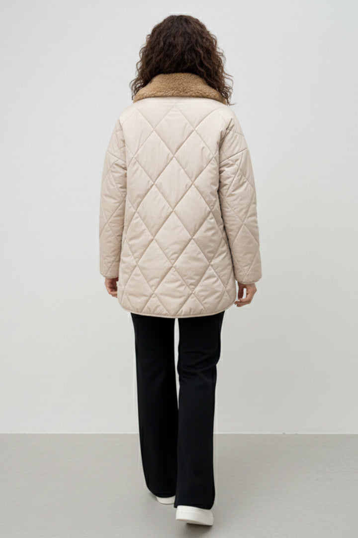 BNG Women Yakası Kürklü Kapitone Mont K9180 Taş Rengi - Merksem