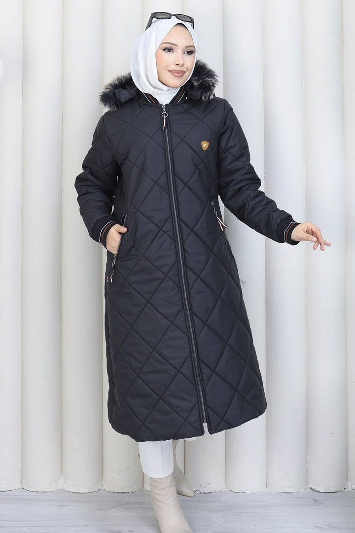 BNG Women Pocketed Long Quilted Coat K9183 Black - Hurst