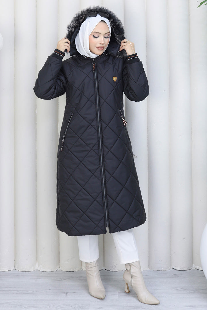 BNG Women Pocketed Long Quilted Coat K9183 Black - Hurst