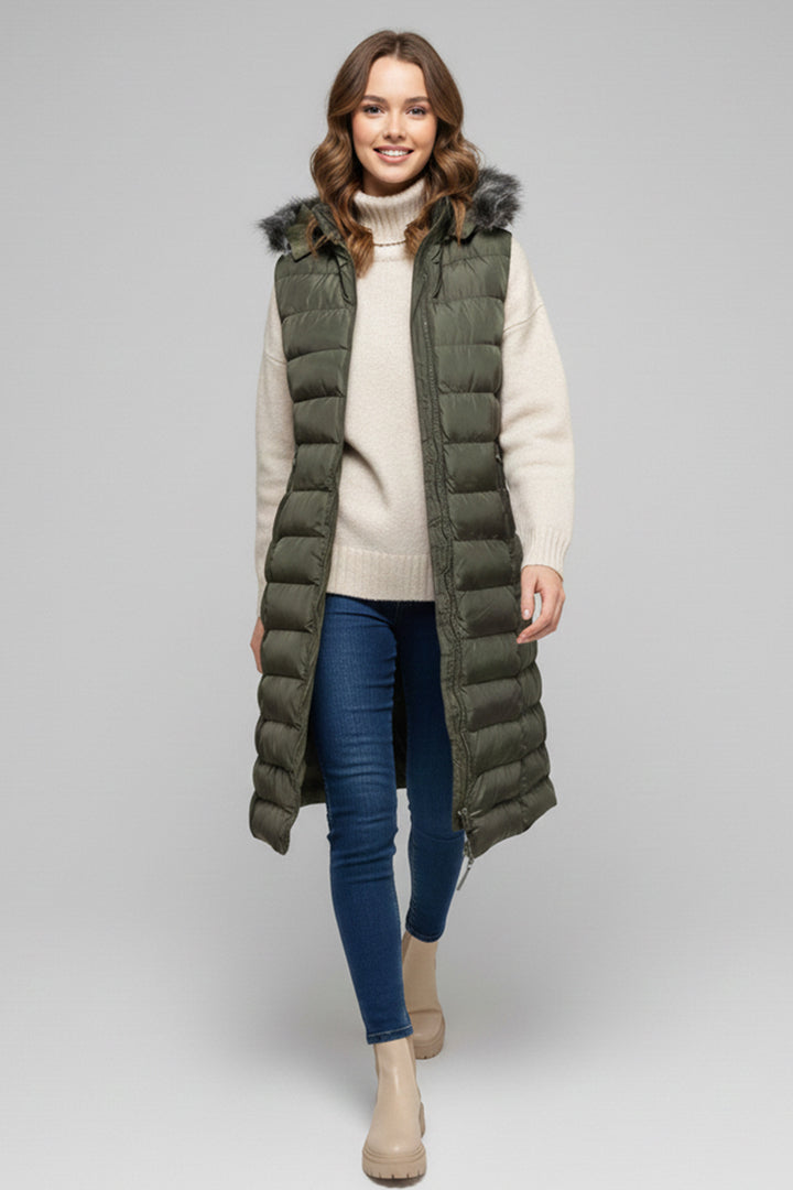 BNG Women Fur-Lined Hat Puffer Vest K9185 Khaki - Hempstead