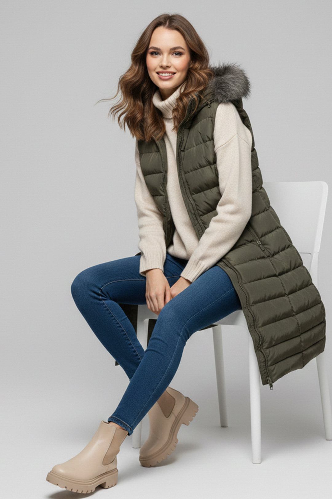 BNG Women Fur-Lined Hat Puffer Vest K9185 Khaki - Hempstead