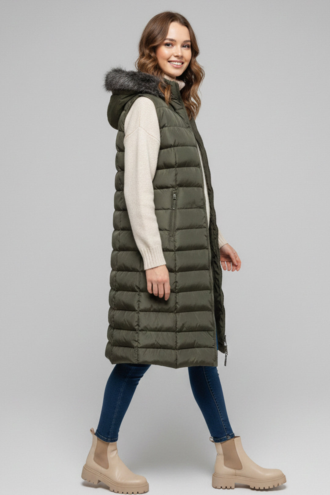 BNG Women Fur-Lined Hat Puffer Vest K9185 Khaki - Hempstead