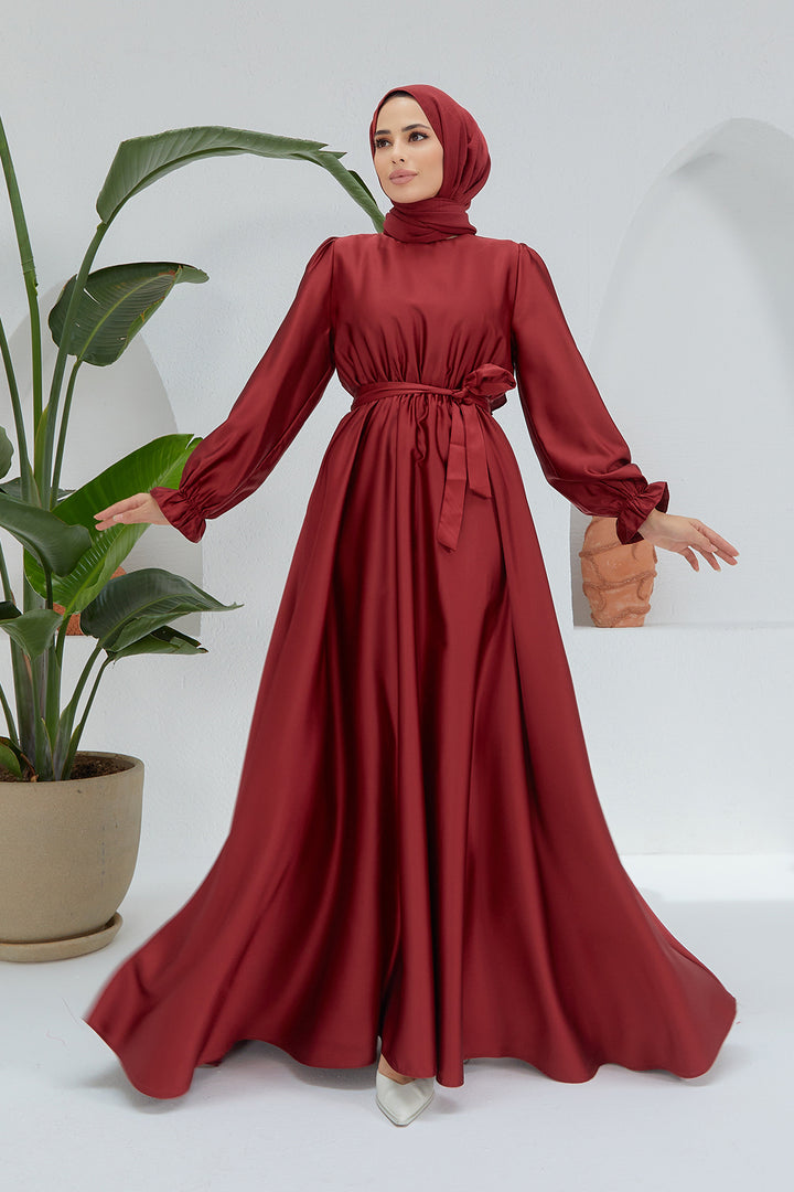 ZRF Women Liza Belted Satin Dress - Burgundy - Baltimore