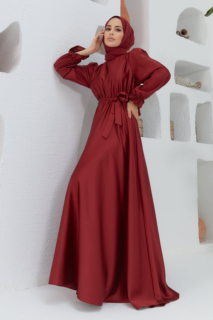 ZRF Women Liza Belted Satin Dress - Burgundy - Baltimore