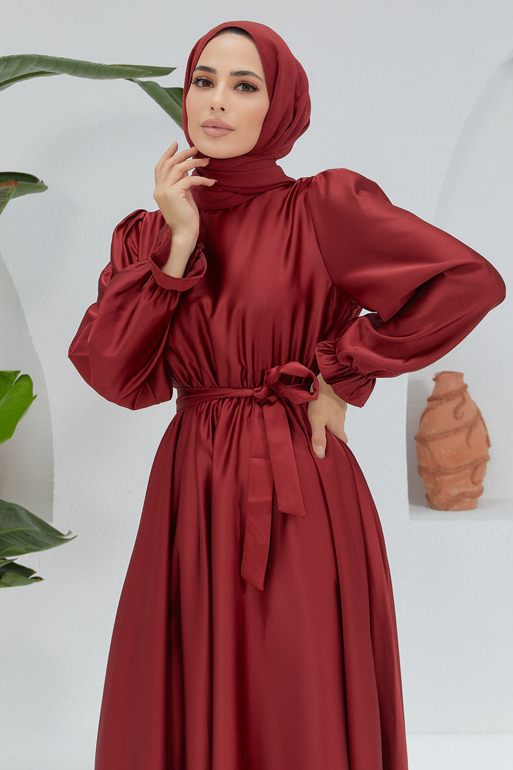 ZRF Women Liza Belted Satin Dress - Burgundy - Baltimore