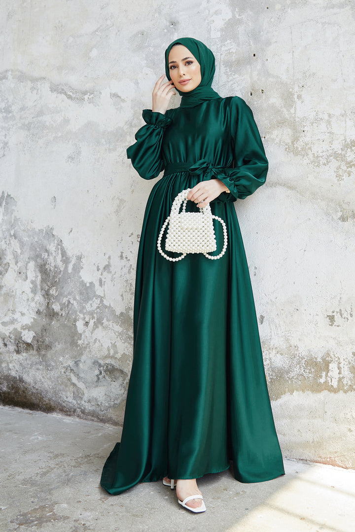 ZRF Women Liza Belted Satin Dress - Emerald - Alkmaar
