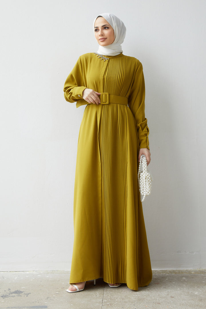 ZRF Women Pleated Belted Dress - Olive Green - Dearborn Heights