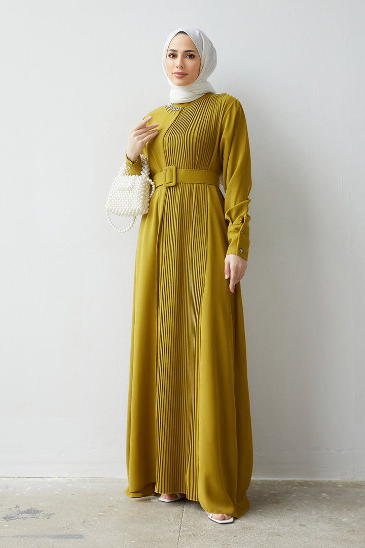 ZRF Women Pleated Belted Dress - Olive Green - Dearborn Heights