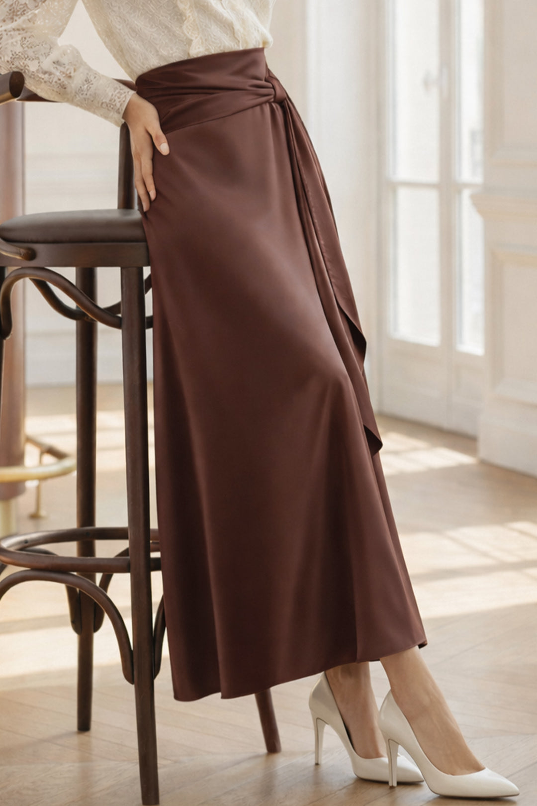 BNG Women Fularlı Saten Etek A60687 Kahverengi - Kendall