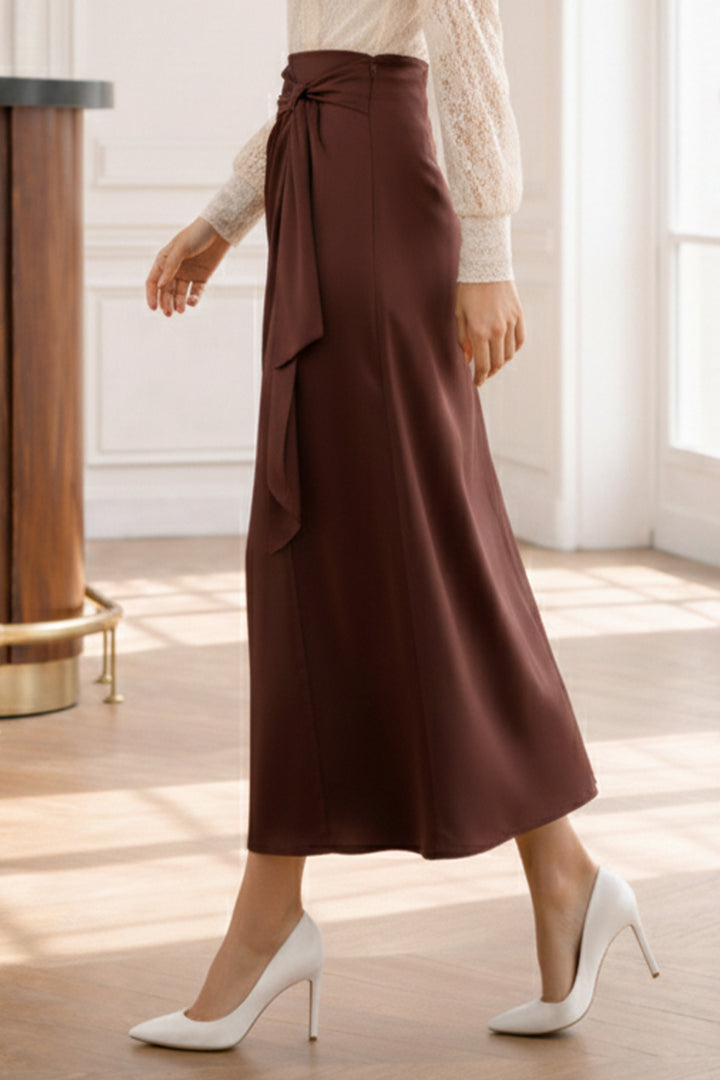 BNG Women Fularlı Saten Etek A60687 Kahverengi - Kendall