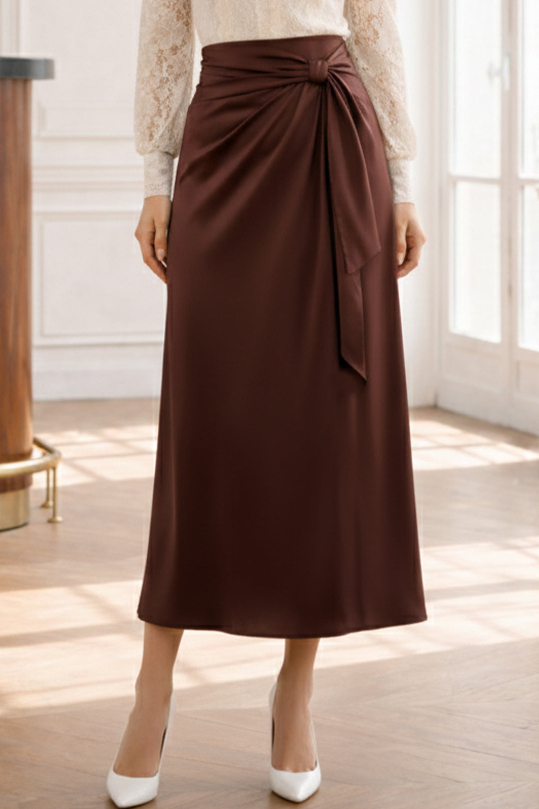 BNG Women Fularlı Saten Etek A60687 Kahverengi - Kendall