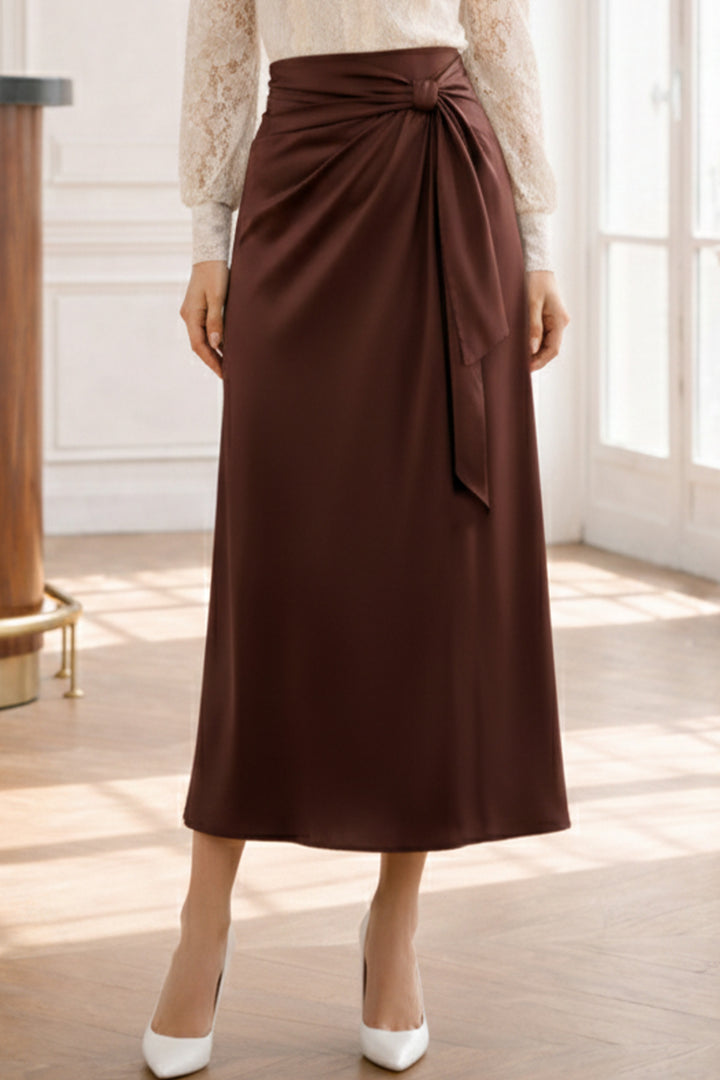 BNG Women Fularlı Saten Etek A60687 Kahverengi - Kendall