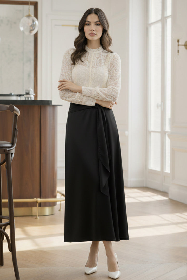 BNG Women Fularlı Saten Etek A60687 Siyah - Prizren