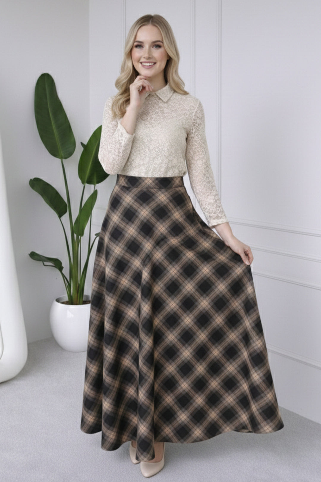 BNG Women Ekoseli Saten Etek A60627 Siyah - Bullhead City