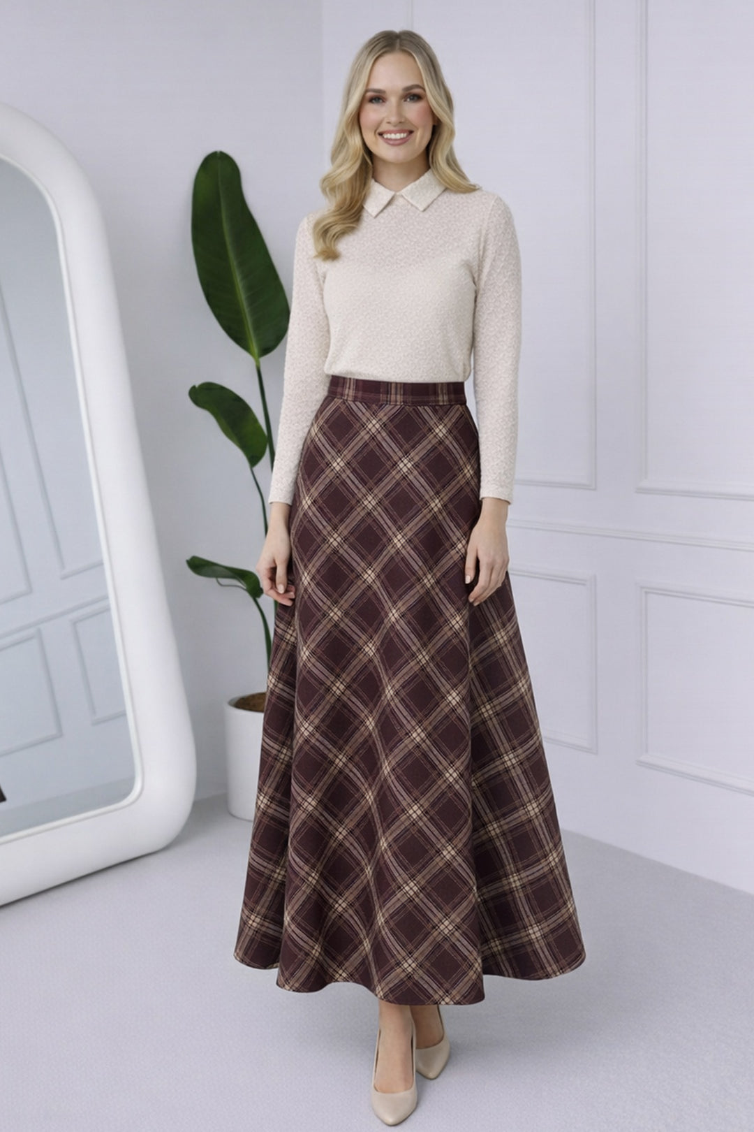 BNG Women Ekoseli Saten Etek A60627 Taba - Târgovişte