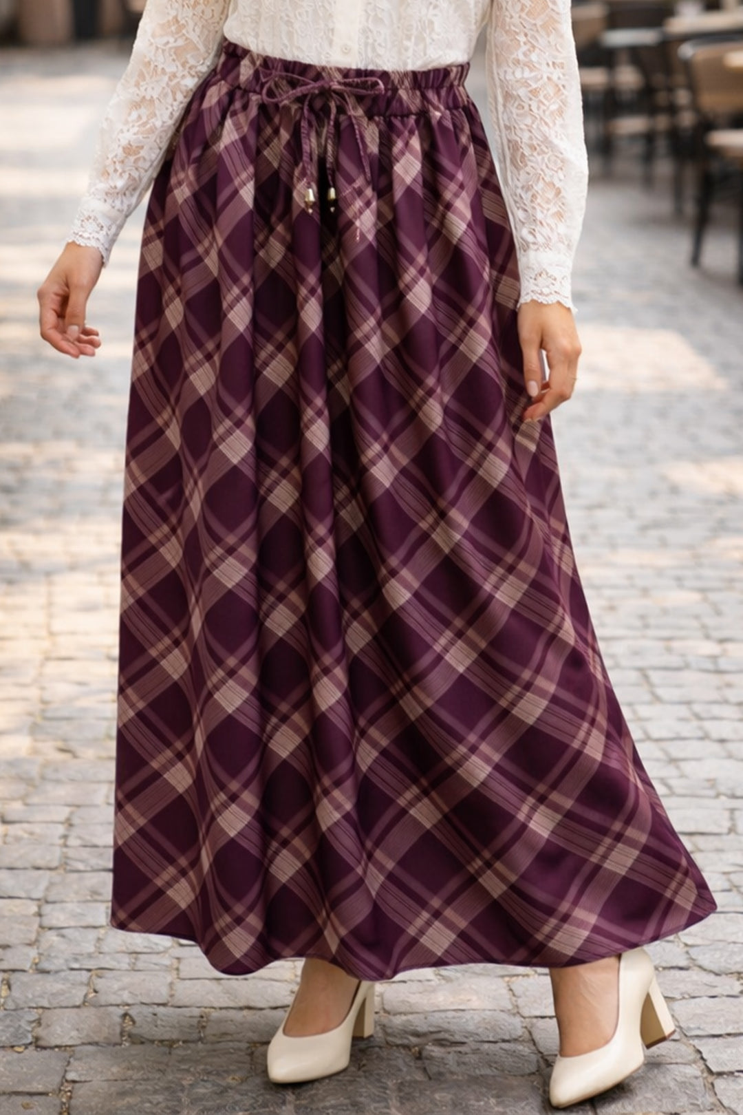 BNG Women Beli Lastikli Ekose Etek A60684 Mor - El Prat de Llobregat