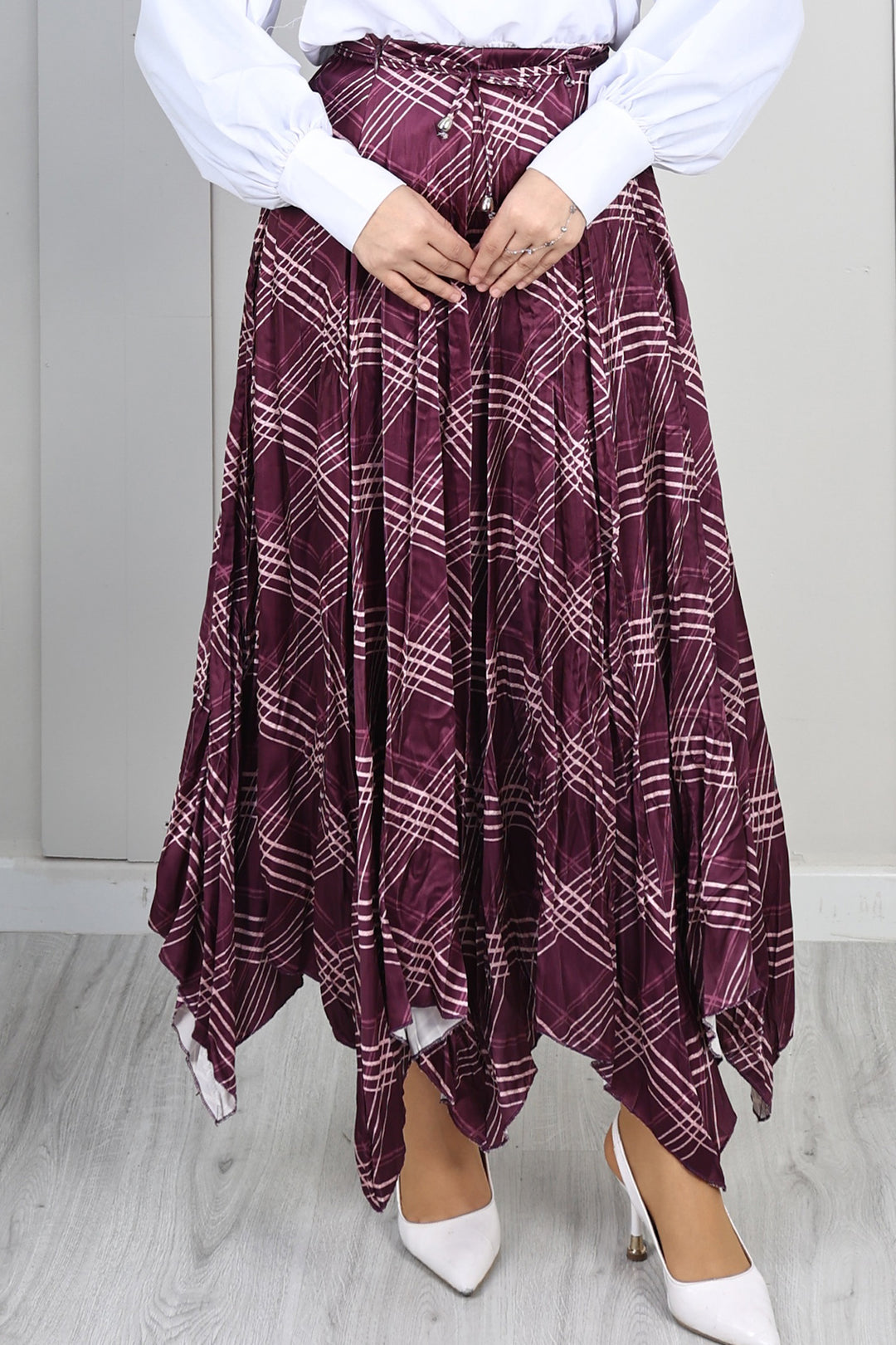 BNG Women Ekoseli Asimetrik Etek A60689 Mor - Oxford