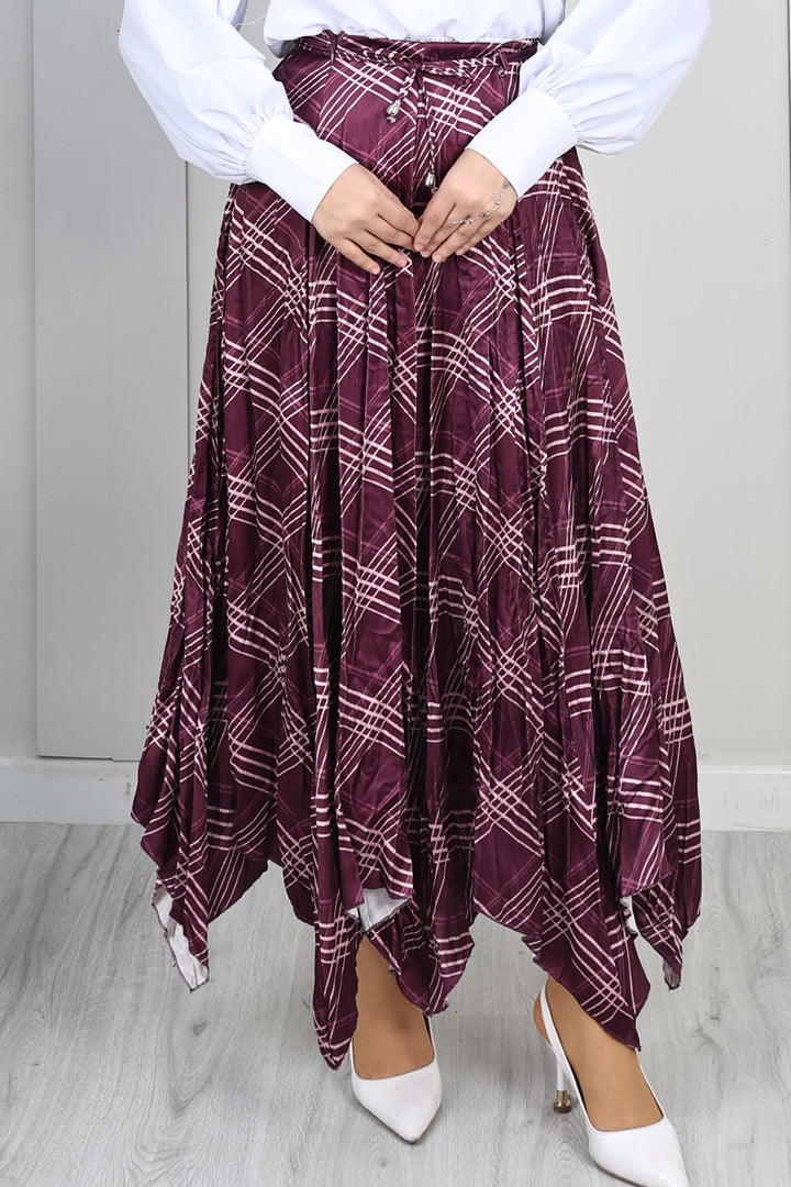 BNG Women Ekoseli Asimetrik Etek A60689 Mor - Oxford