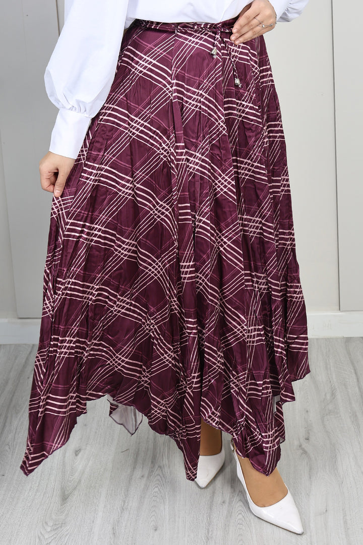 BNG Women Ekoseli Asimetrik Etek A60689 Mor - Oxford