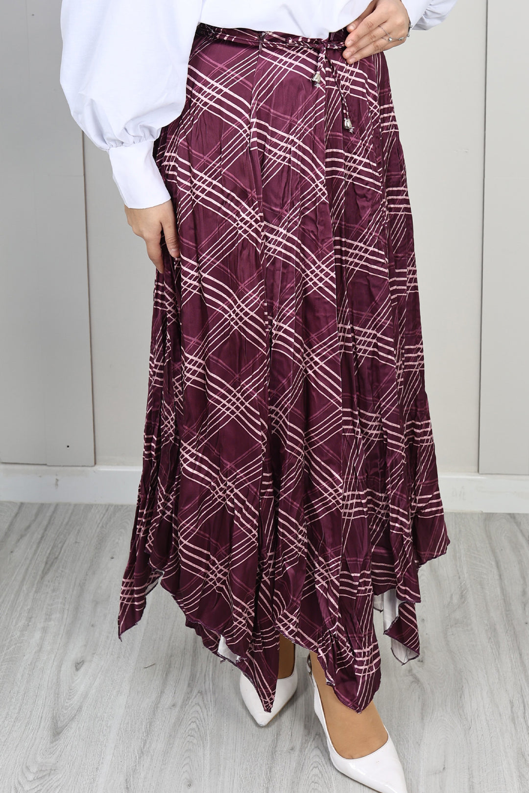 BNG Women Ekoseli Asimetrik Etek A60689 Mor - Oxford