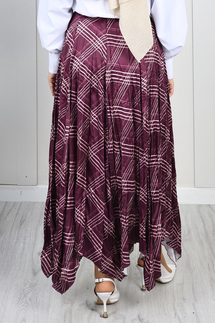 BNG Women Ekoseli Asimetrik Etek A60689 Mor - Oxford