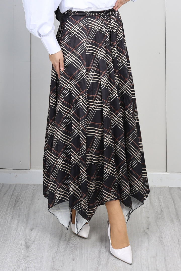 BNG Women Ekoseli Asimetrik Etek A60689 Siyah - Sudbury