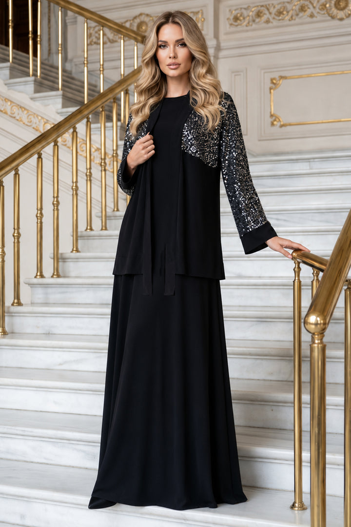 BNG Women Payetli Tesettür Elbise A9273-Sn Siyah - Brookhaven