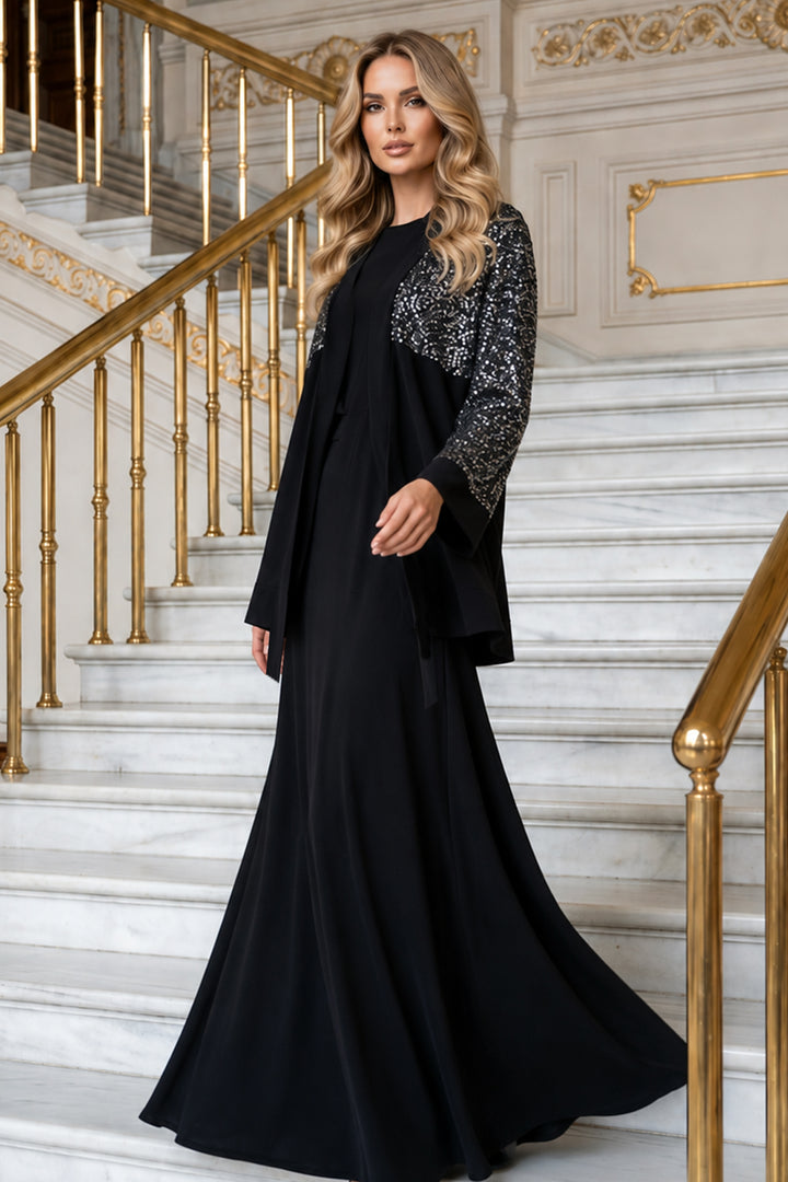 BNG Women Payetli Tesettür Elbise A9273-Sn Siyah - Brookhaven