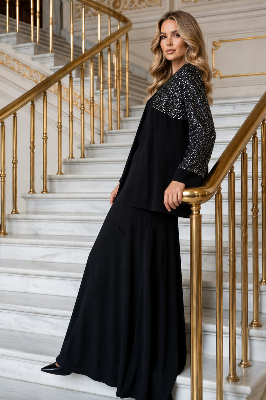 BNG Women Payetli Tesettür Elbise A9273-Sn Siyah - Brookhaven