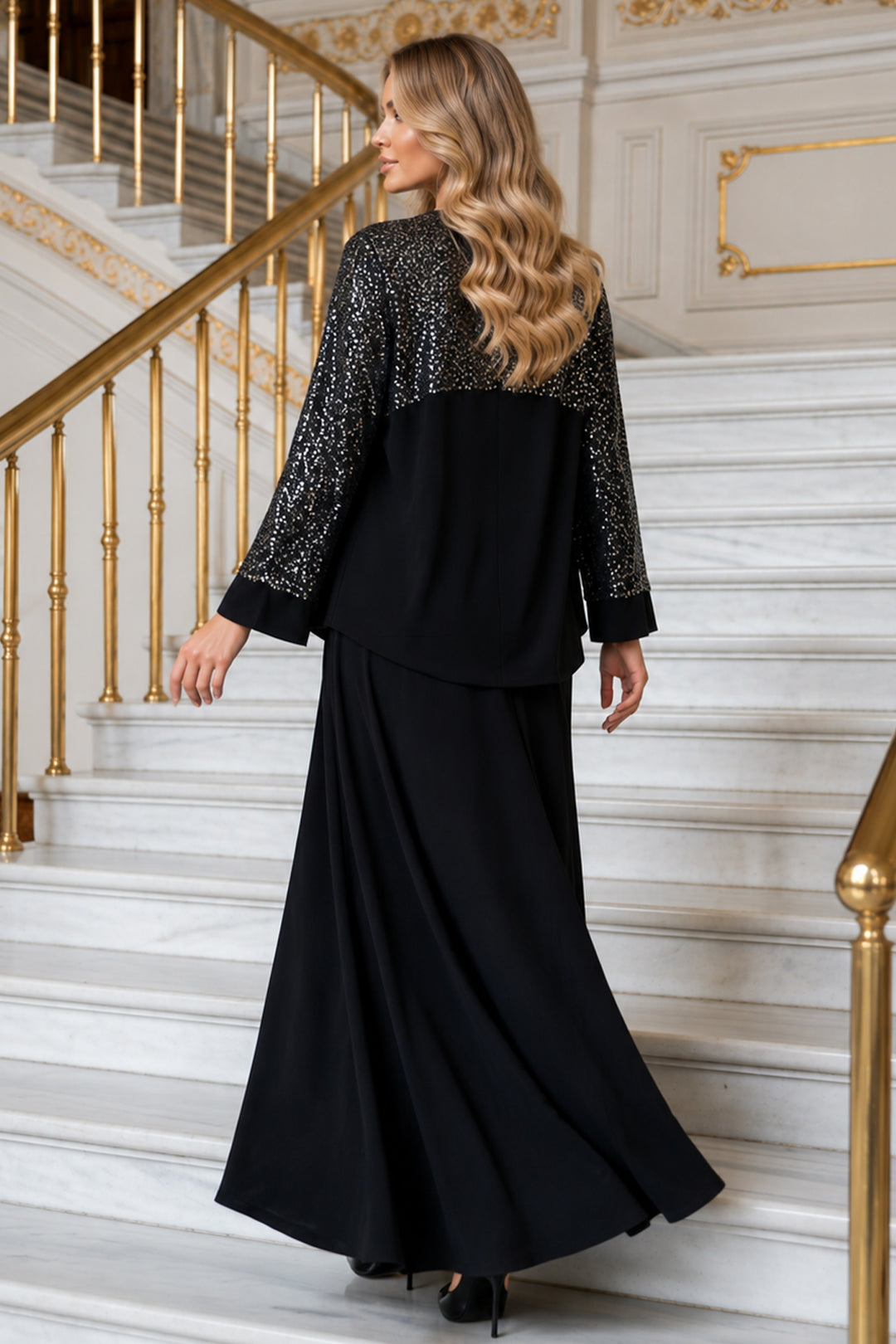 BNG Women Payetli Tesettür Elbise A9273-Sn Siyah - Brookhaven